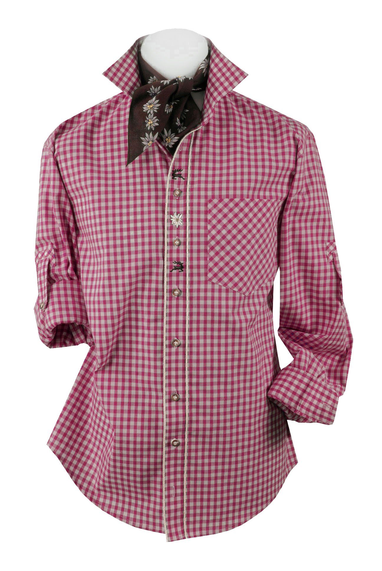 Moschen-Bayern Trachtenhemd Trachtenhemd Herren Edelweiß kariert Karo Hirsch Langarm Kurzarm Rot
