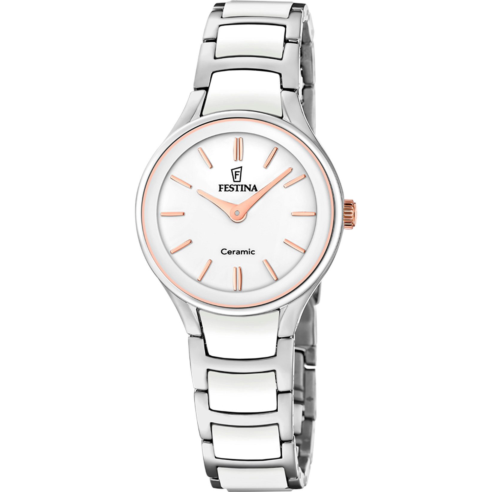 Festina Quarzuhr Ceramic Damenuhr F20752-1 – Weiß/Rosé Keramikband, 30,5 mm