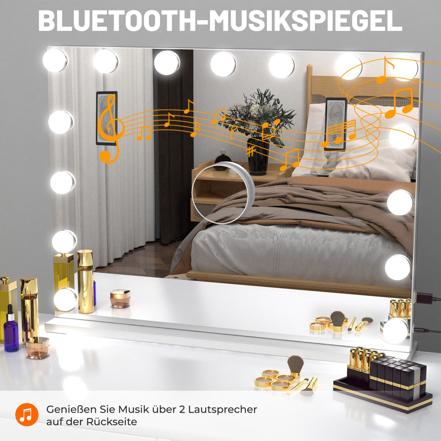 oyajia Schminkspiegel Bluetooth Hollywood Spiegel, Schminkspiegel mit Beleuchtung und USB (3-farbig einstellbares Licht mit Memory-Funktion, 1-St., Mit Musiklau – Bild 5 von 5