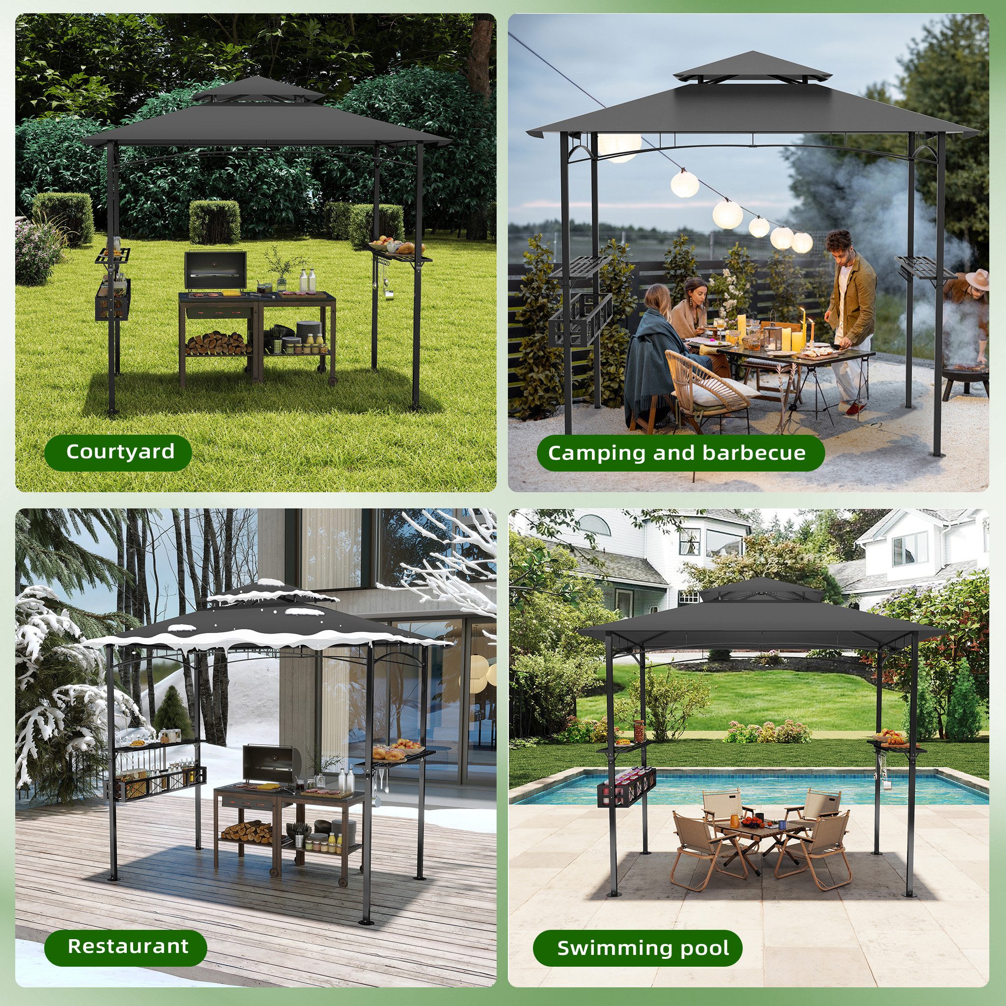 FIVMEN Grillpavillon Grillhaus mit Doppeldach & Ablagen, 2,45 x 1,53 m, Grau – Bild 4 von 5