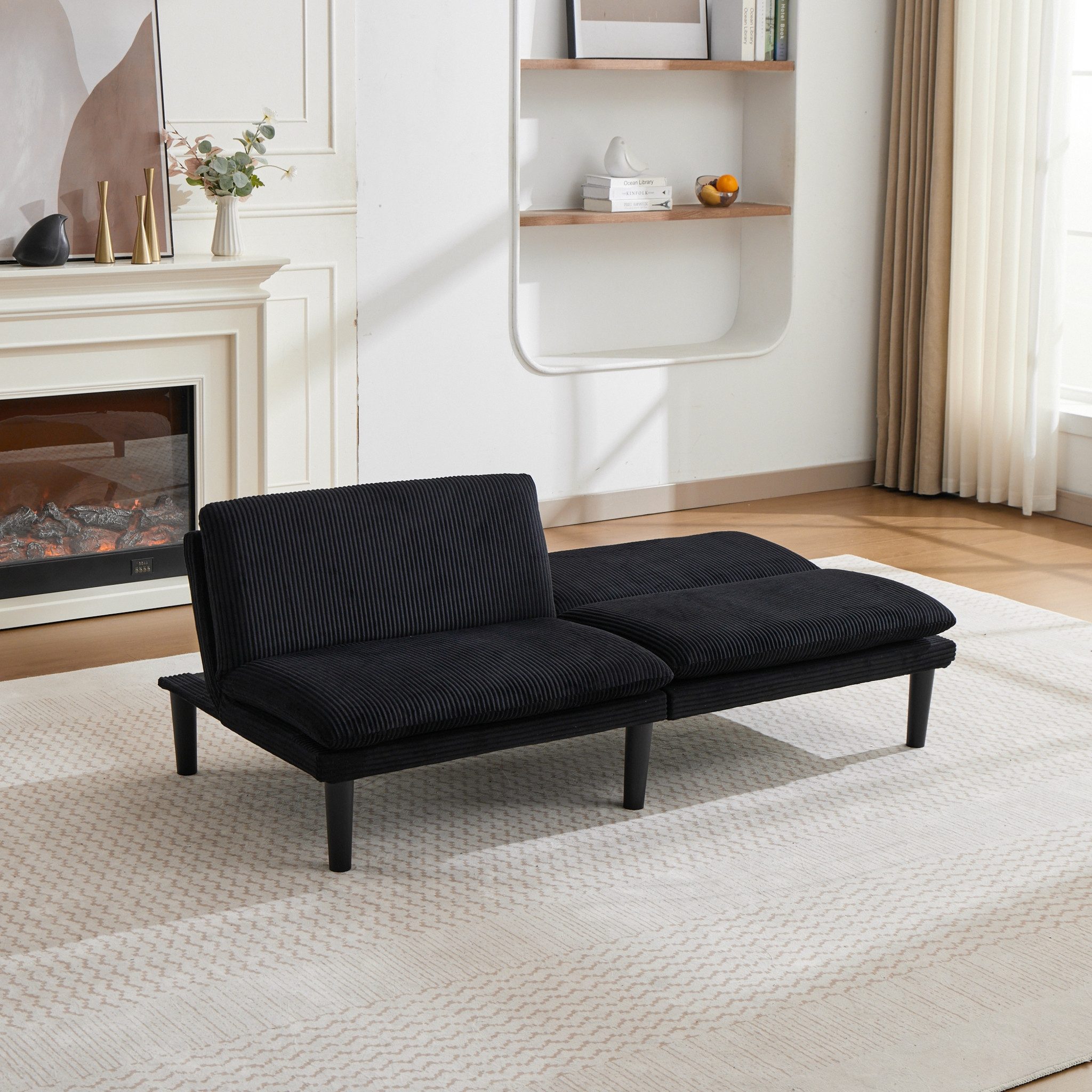 MC Star Schlafsofa Dreifach-verstellbares 2-Sitzer-Sofa in schwarz, 106-140-180° – Schwarze Kunststoff-Rundfüße, kord-ähnlicher Samtbezug, Holz-Lattenuntergestell, entspannte Lounge-Couch für Wohnzimmer & Home-Cinema