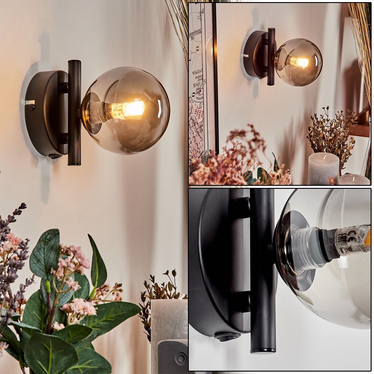 hofstein Wandleuchte Wandlampe aus Metall/Glas in Schwarz/Rauchfarben/Klar, ohne Leuchtmittel, Leuchte im Retro-Design aus Glas schalter, 1 x G9, ohne Leuchtmittel
