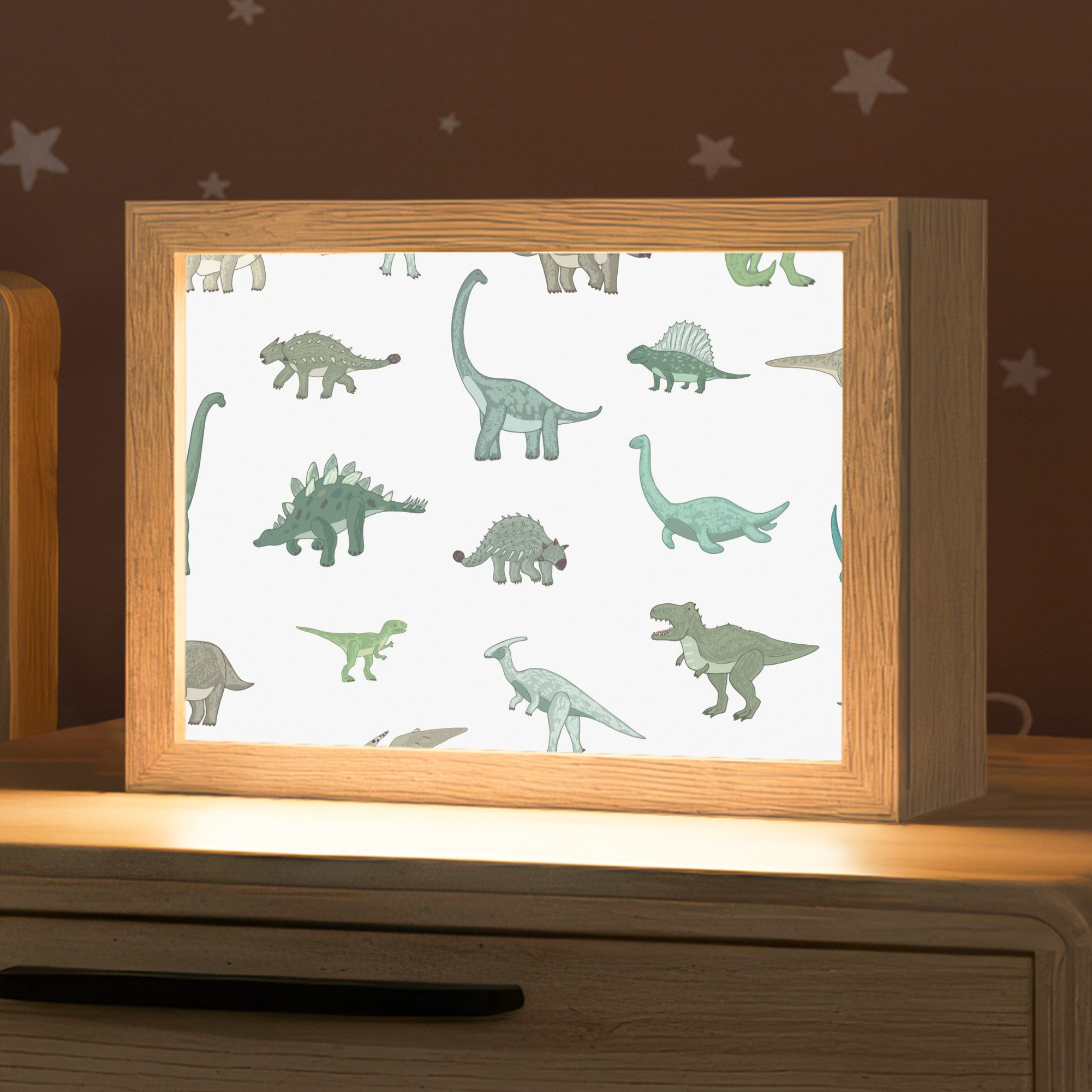OnlyWow Nachttischlampe Lightbox Dino - Grün - Jungen - Dinosaurier - Blau, Dimmbar, Farbwechsel, LED, Warmweiß, Kaltweiß, Neutralweiß Einstellbar, Nachtlicht, Kinder- und Babyzimmer, Dimmbar, mit Kabel, Tischleuchte