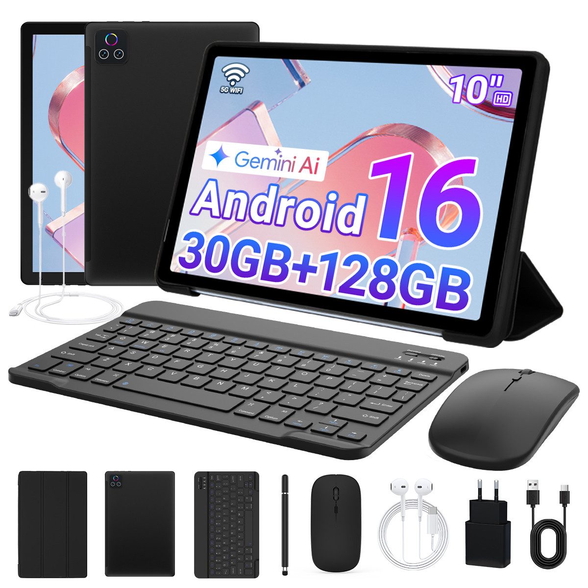 Happybe 10'' 128GB 8-in-1 Kit mit Tastatur, Stift und Hülle Set Android 15/16 Tablet (10", 128 GB, Android 16, Widevine L1, mit Blaulichtfilter, WLAN 6 BT 5)