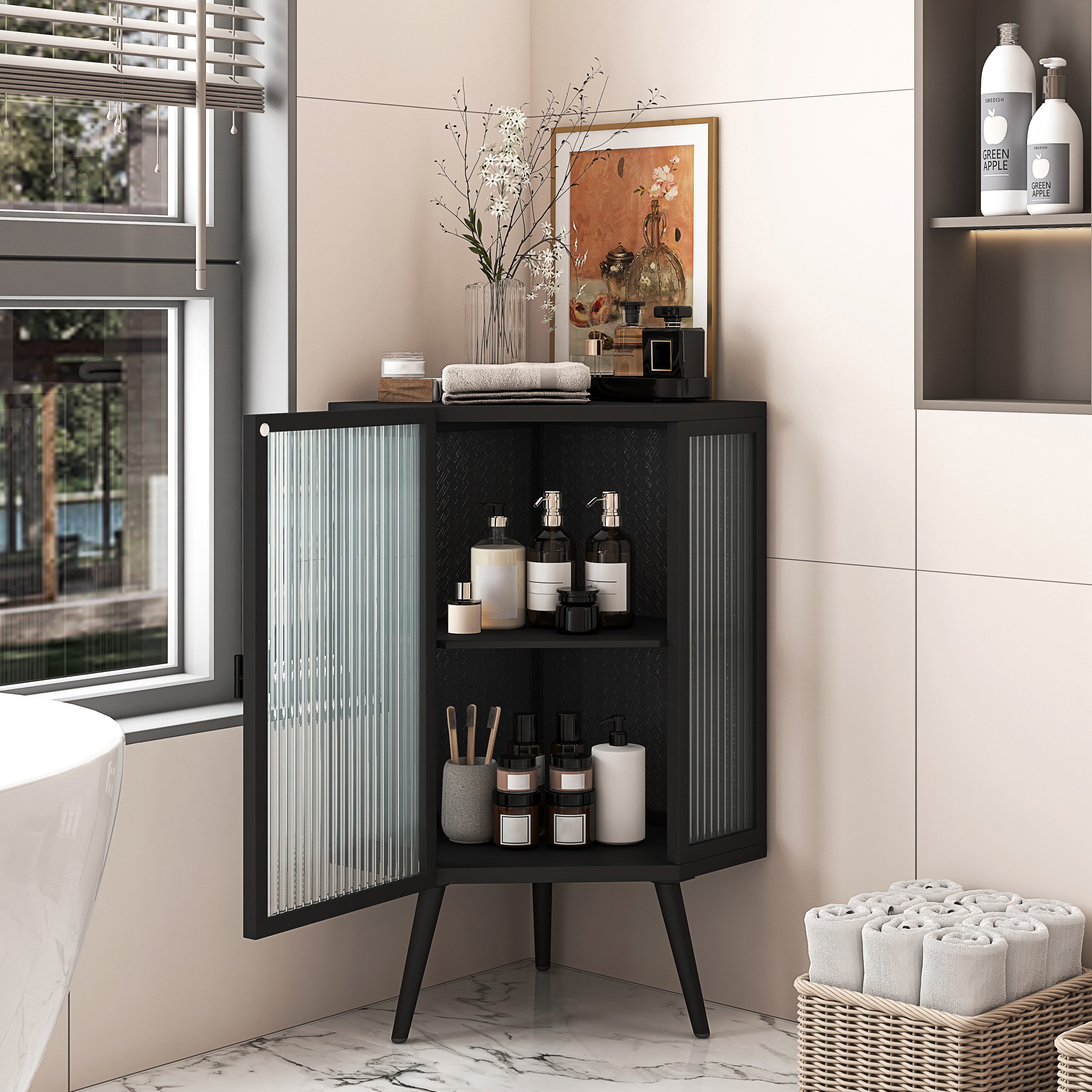 Celya Eckregal Eck-Unterschrank mit Tür aus gehärtetem Glas und verstellbarem Regal, für Badezimmer, Wohnzimmer, Schlafzimmer,Schwarz – Bild 4 von 5