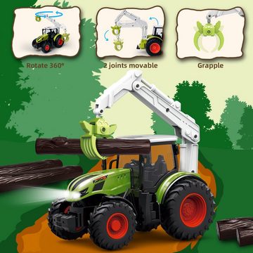 Esun RC-Traktor Traktor Spielzeug ab 2 3 4 Jahre,Ferngesteuerter Traktor Ferngesteuert (mit Holzgreifer und 3 Baumstämme), Bauernhof Spielzeug ab 2 3 Jahre, Rc Traktor