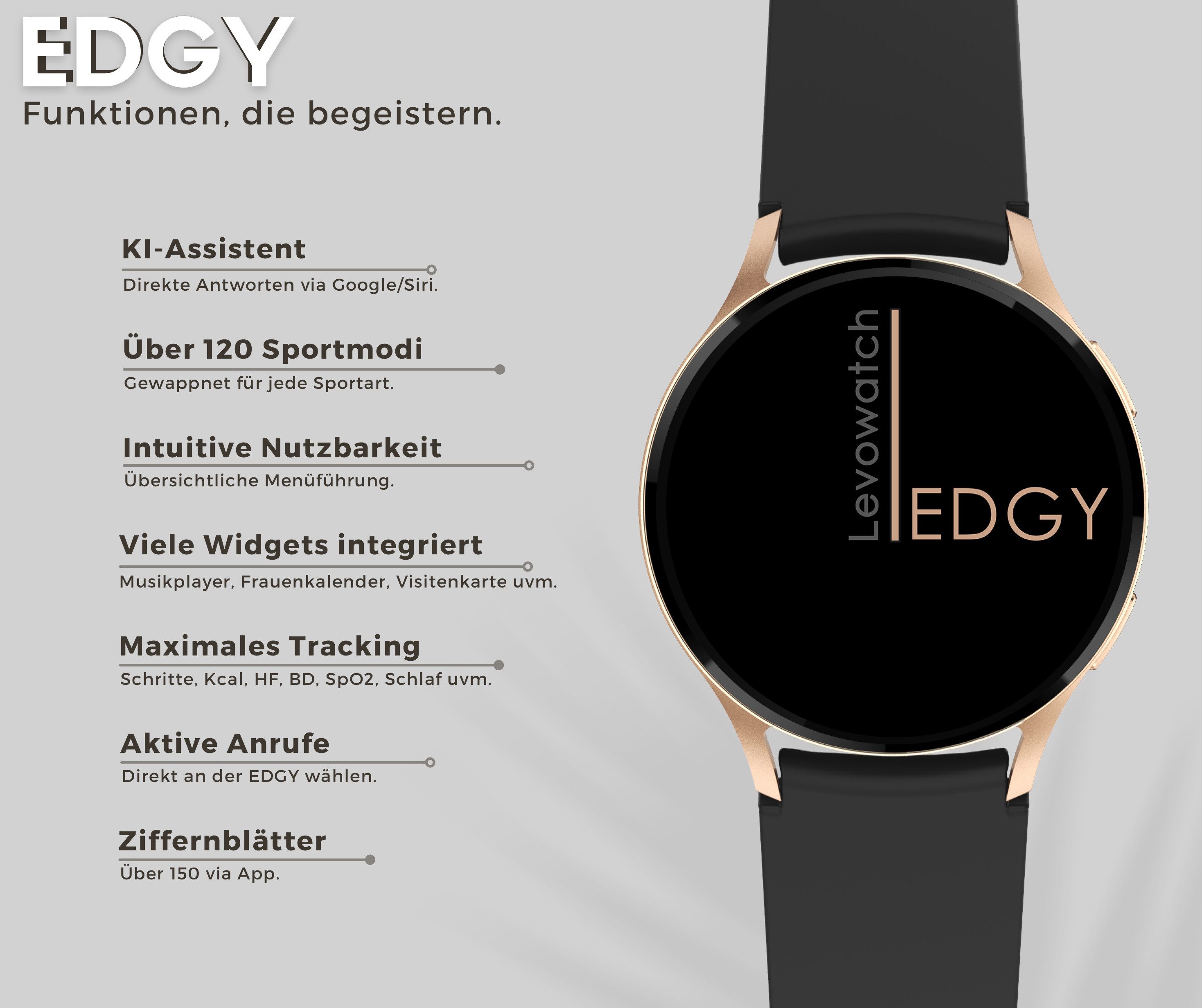 Levowatch EDGY Damen Smartwatch, AMOLED Always-On, KI Steuerung, Fitness Tracker Smartwatch (3,8 cm/1,43 Zoll, Android und iOS) inkl. Wechselarmband, 3 Armbänder, goldfarben, Edelstahlgehäuse, Telefonfunktion, Sprachsteuerung, Puls, Schlafüberwachung, wasserdicht, Blutdruck, Frauenmonitor, Anrufe, Musik, Markenqualität