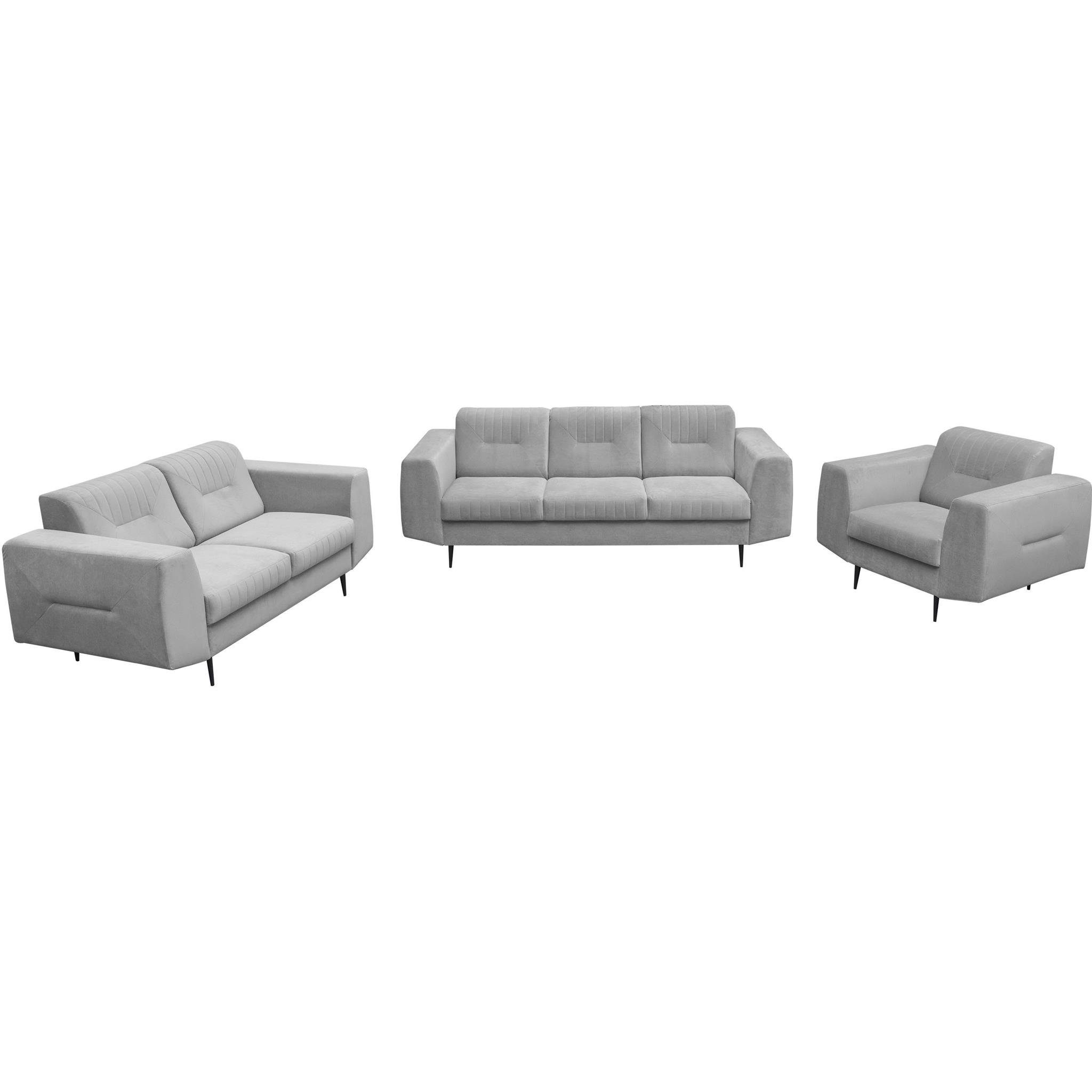 Metallbeine, Polstergarnitur Couchgarnituren mit im (bluvel VENEZIA, (Sessel + Sofa Velours Design), 2-Sitzer Beautysofa 03) + Sofa 3-Sitzer Hellgrau aus modernes