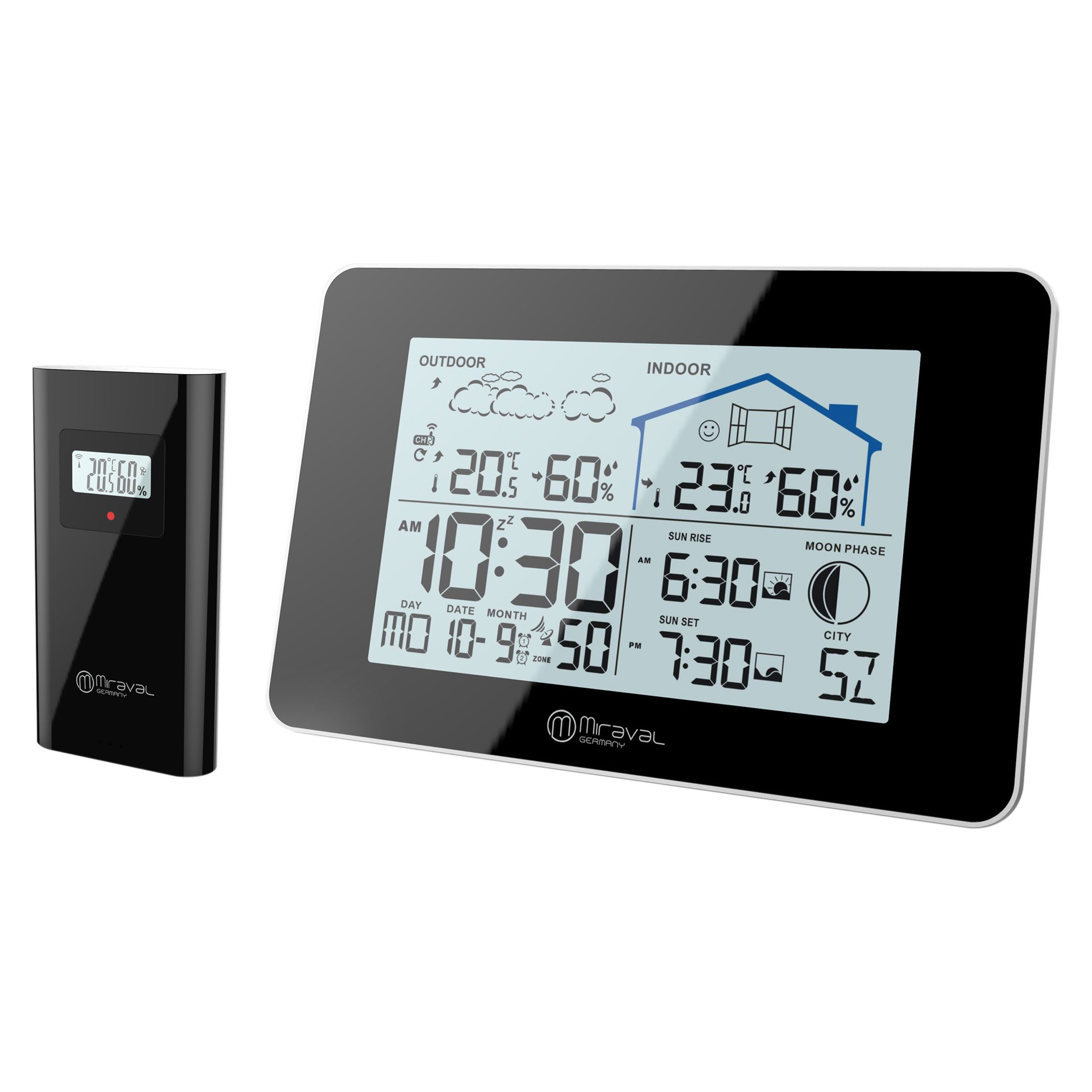 Miraval LCD Funk-Wetterstation mit Außensenor Funkwetterstation (Temperaturanzeige Datumsanzeige Alarm Displaybeleuchtung Hygrometer)