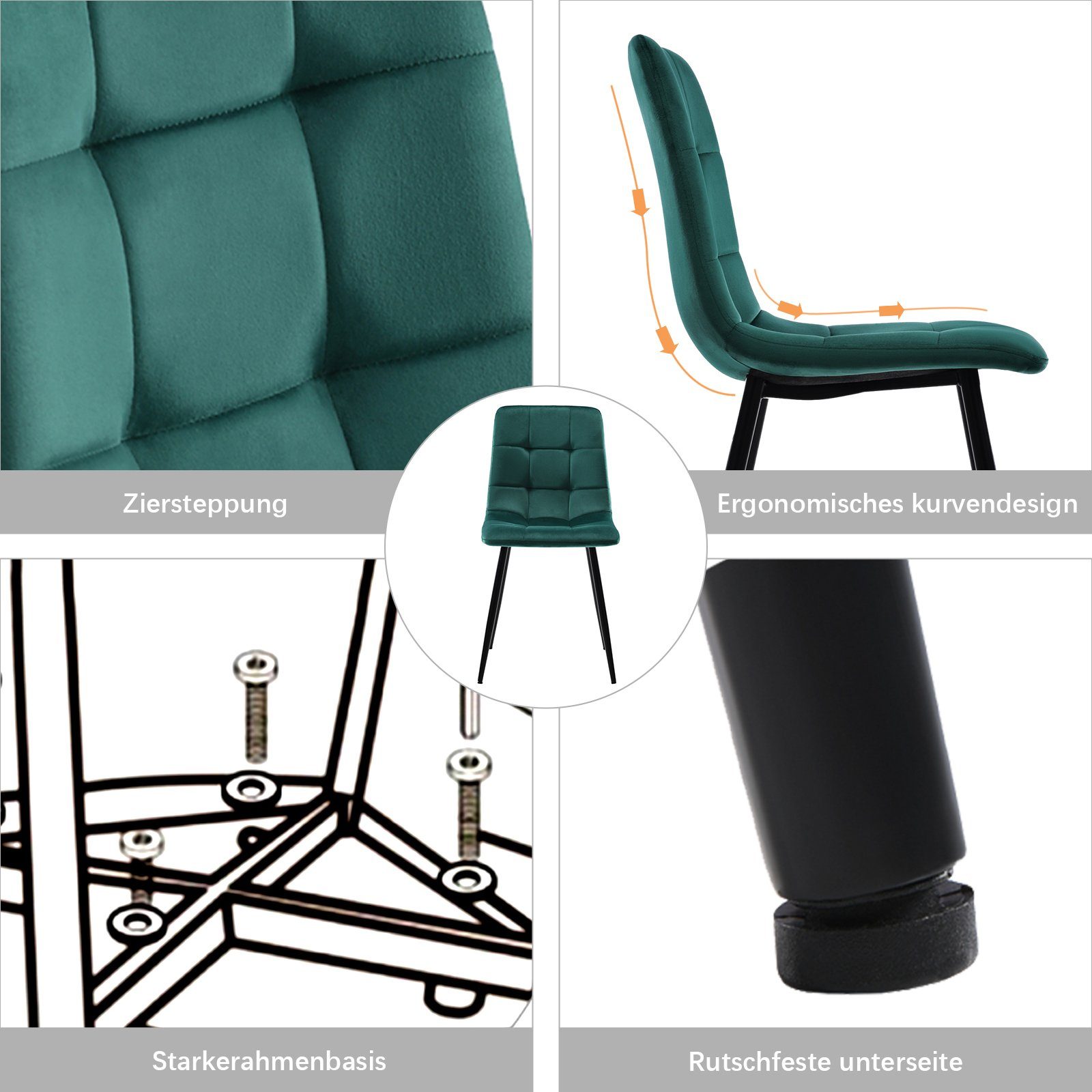 Design mit Metall Samt Gestell Esszimmerstuhl(4 SEEZSSA Loungesessel St),Polsterstuhl Dunkelgrün aus Küchenstuhl Stuhl Esszimmer, aus Rückenlehne,Sitzfläche für