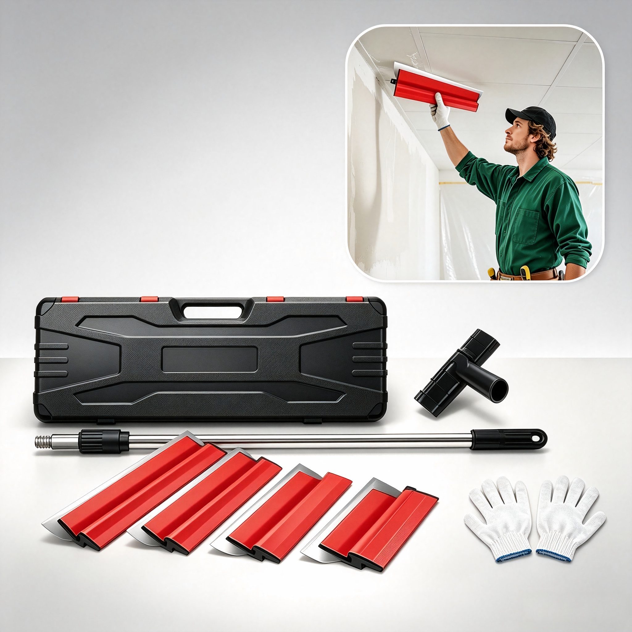BlingBin Flächenspachtel Flächenspachtel-Set mit Transportkoffer, Klingen 25, 40, 60 und 80 cm (8er Set, 8-St., Schaber 25 + 40 + 60 + 80 cm) aus Edelstahl, ausziehbare Teleskopstange mit Adapter für Wandbau