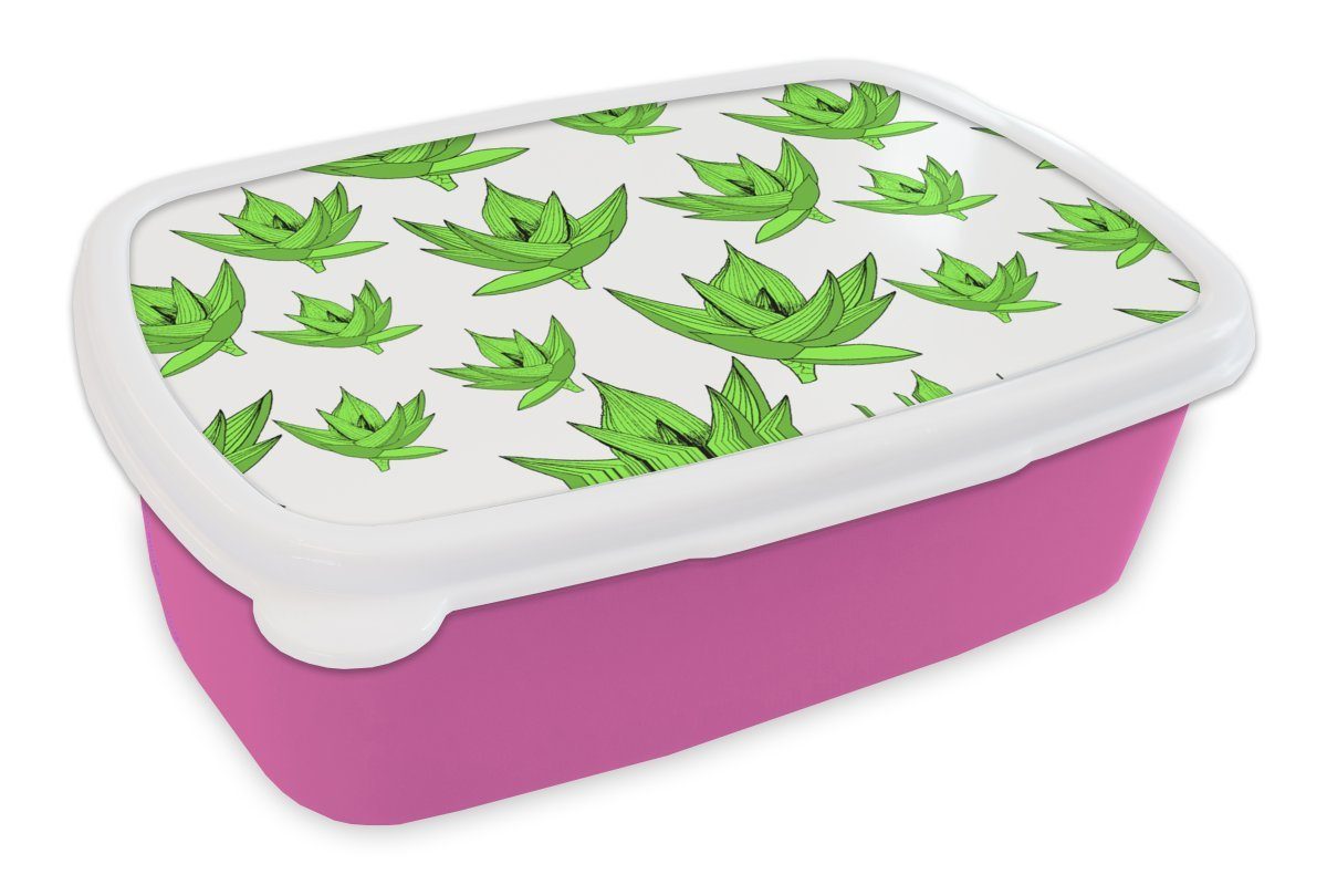 MuchoWow Lunchbox Aloe Vera - Muster - Pflanzen, Kunststoff, (2-tlg), Brotbox für Erwachsene, Brotdose Kinder, Snackbox, Mädchen, Kunststoff rosa