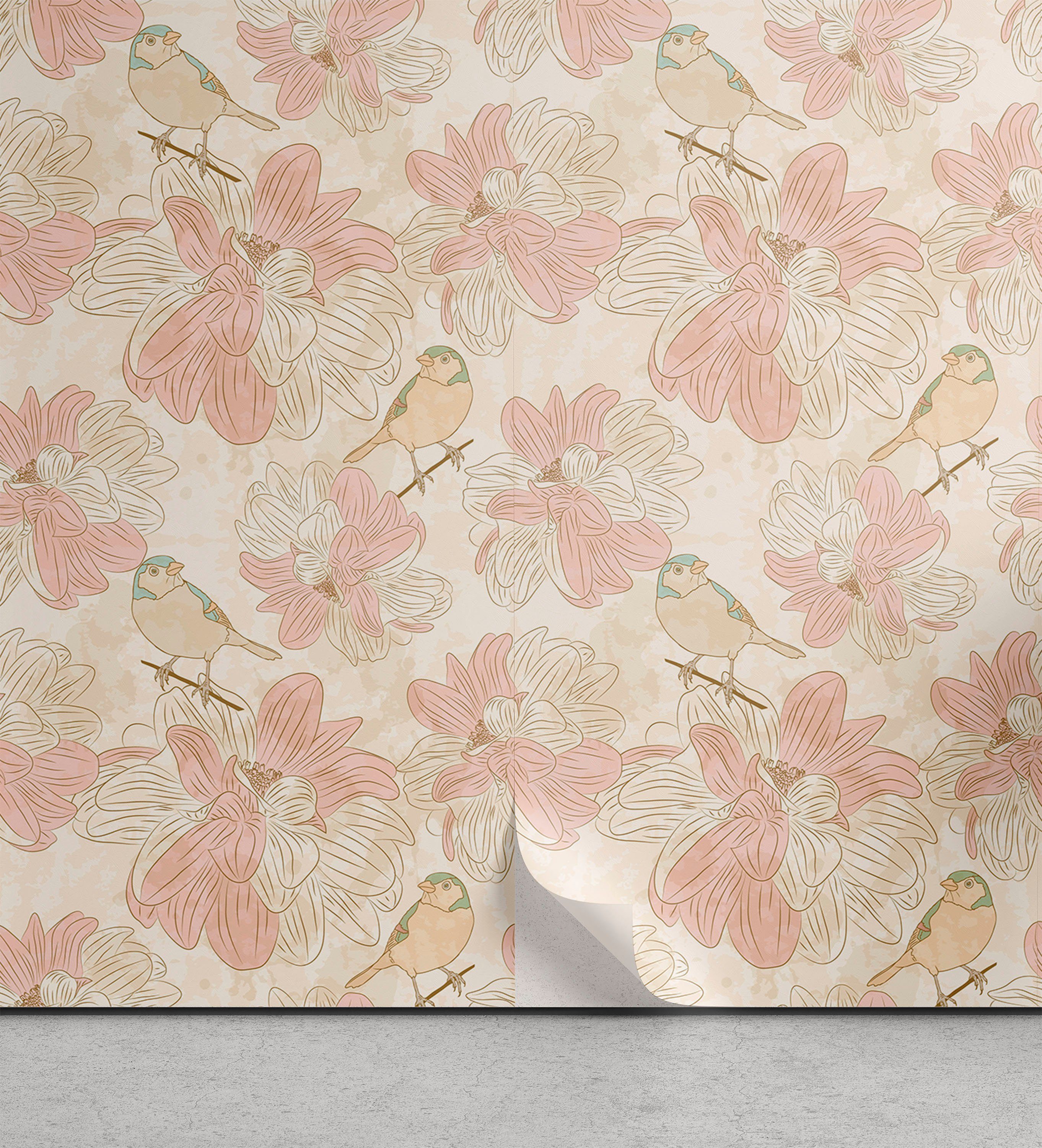 Abakuhaus Vinyltapete selbstklebendes Wohnzimmer Küchenakzent, Botanisch Vögel auf Niederlassungs-Blumen