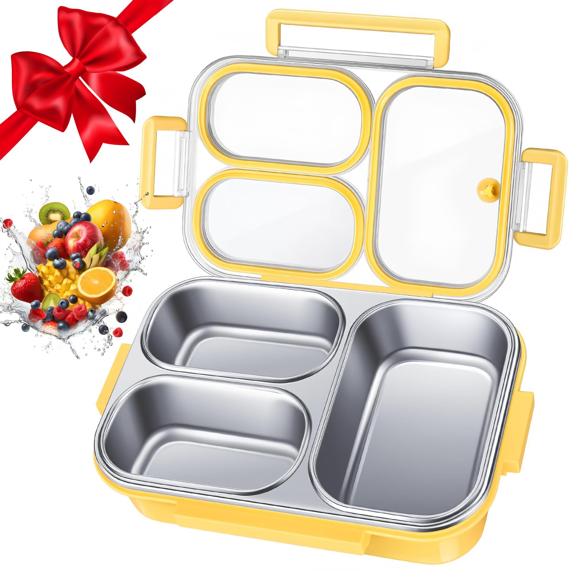 Kityhome Lunchbox Brotdose kinder Bento Lunchbox Edelstahl 1000ml 3 Fächer Spülmaschine, ABS, Isolierschicht,Verstecktes Besteckfach,Auslaufsicher