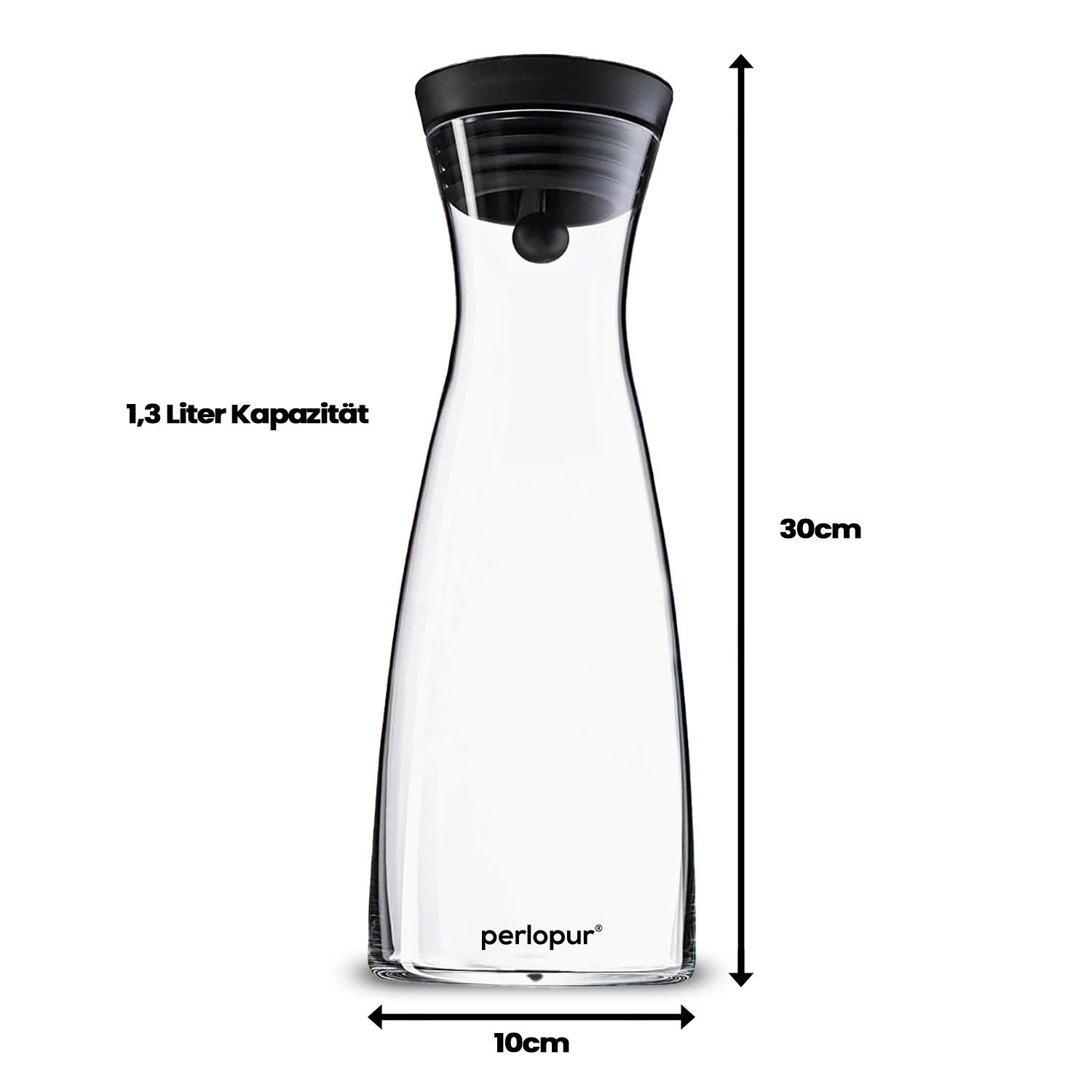 PerloPur Wasserkaraffe Glaskaraffe mit Edelstahldeckel 1,3 Liter Wasserkaraffe Glas, Close-Up Verschluss, baugleich zu WMF Glaskaraffe