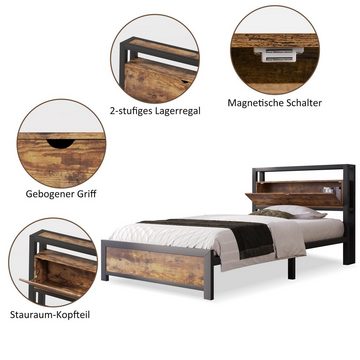 Fangqi Einzelbett Bettrahmen Holz Metallbett 90x200 Bettgestell aus Metall (mit Lattenrost,Metall Bed Vintage Braun +Schwarz), Kopfteil mit Aufbewahrungsschränken