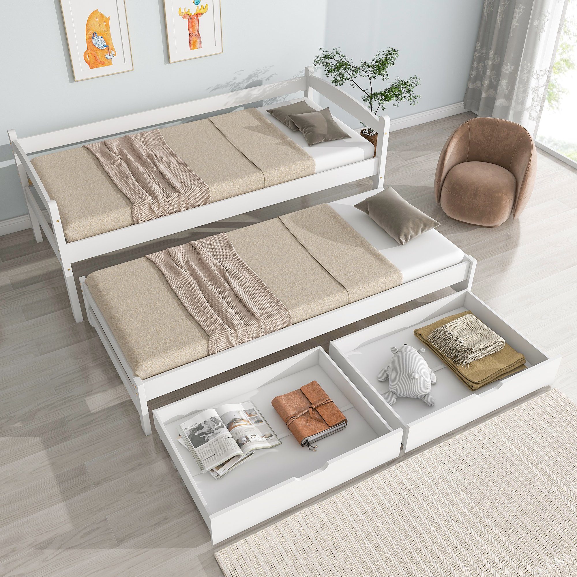 Ulife Massivholzbett Einzel- und Doppelbett, Tagesbett, mit Rollen unten, weiß, 200*90cm/190*90cm, mit 2 MDF-Schubladen