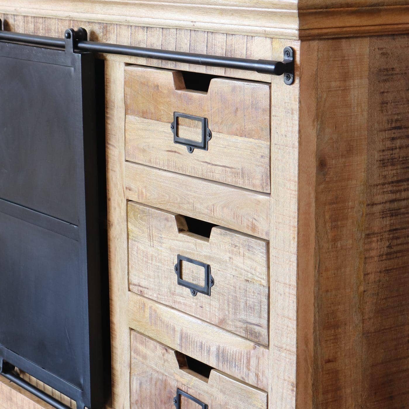 baario Sideboard XXL Sideboard SELCE 180cm, massiv Mangoholz Schiebetüren Industrial Design Anrichte