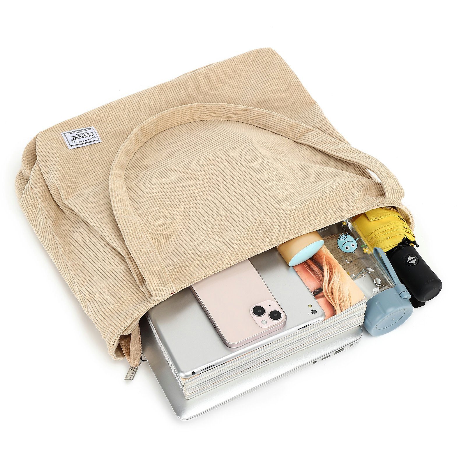 Damen, Henkeltasche Cordtasche Damenhandtasche, Handtasche, TAN.TOMI mit Tasche Reißverschluss-Einkaufstasche Beige