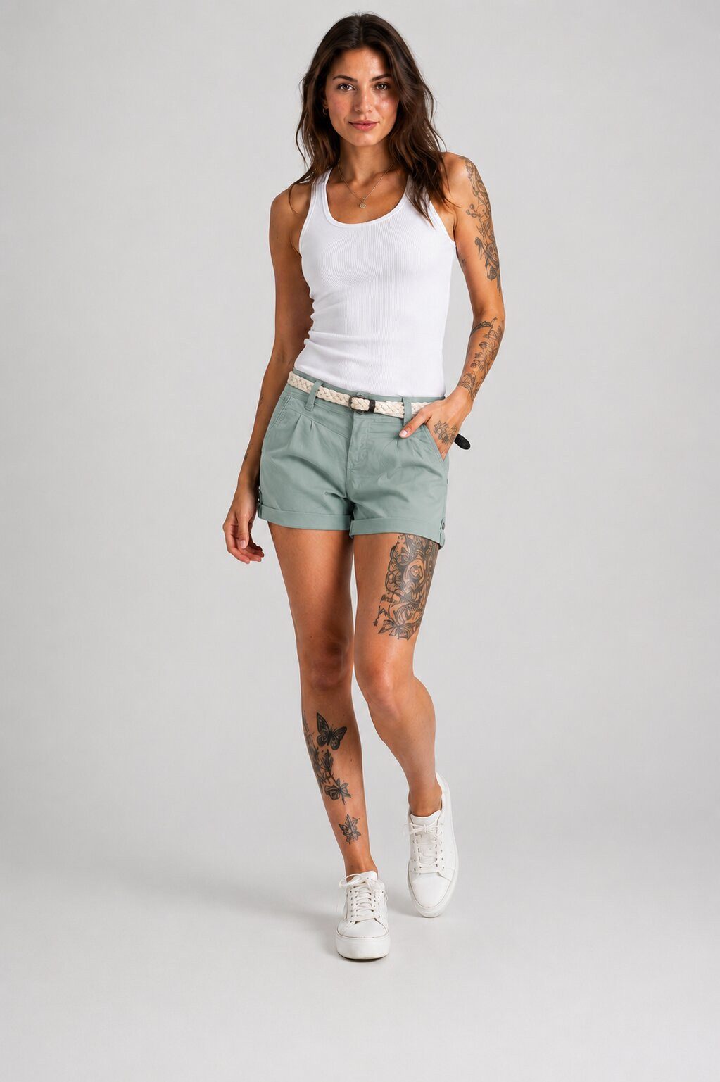 SUBLEVEL Shorts Damen Bermudas kurze Hose Baumwolle Hotpants Chino Sommer Hose Leichte Bermuda mit Stretchkomfort, Hotpant und Flechtgürtel – Bild 2 von 5