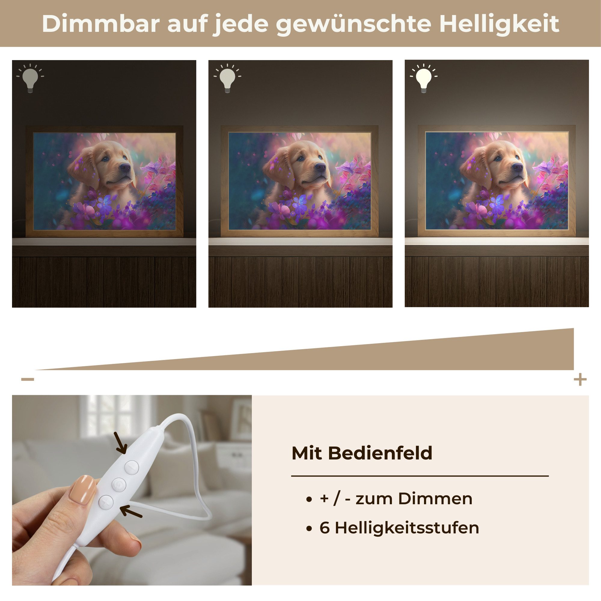 OnlyWow Wandleuchte Lightbox Hund - Welpe - Sonne - Blumen - Golden Retriever - Mädchen, Dimmbar, Farbwechsel, LED, Warmweiß, Kaltweiß, Neutralweiß Einstellbar, Wandlampe Innen, Dimmbar, mit Kabel, LED, Modern, Schlafzimmer