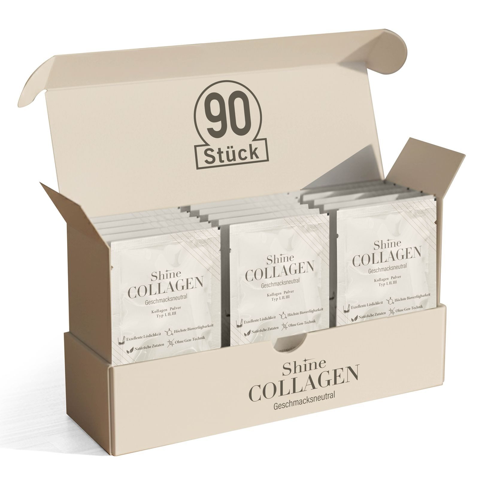 Shine Коллажи Pulver - 100% Kollagen Peptide, Premium Hydrolsat Typ 1,2 und 3 Pulver, 90 St., 10 g, Perfekte Löslichkeit, Geschmachsneutral