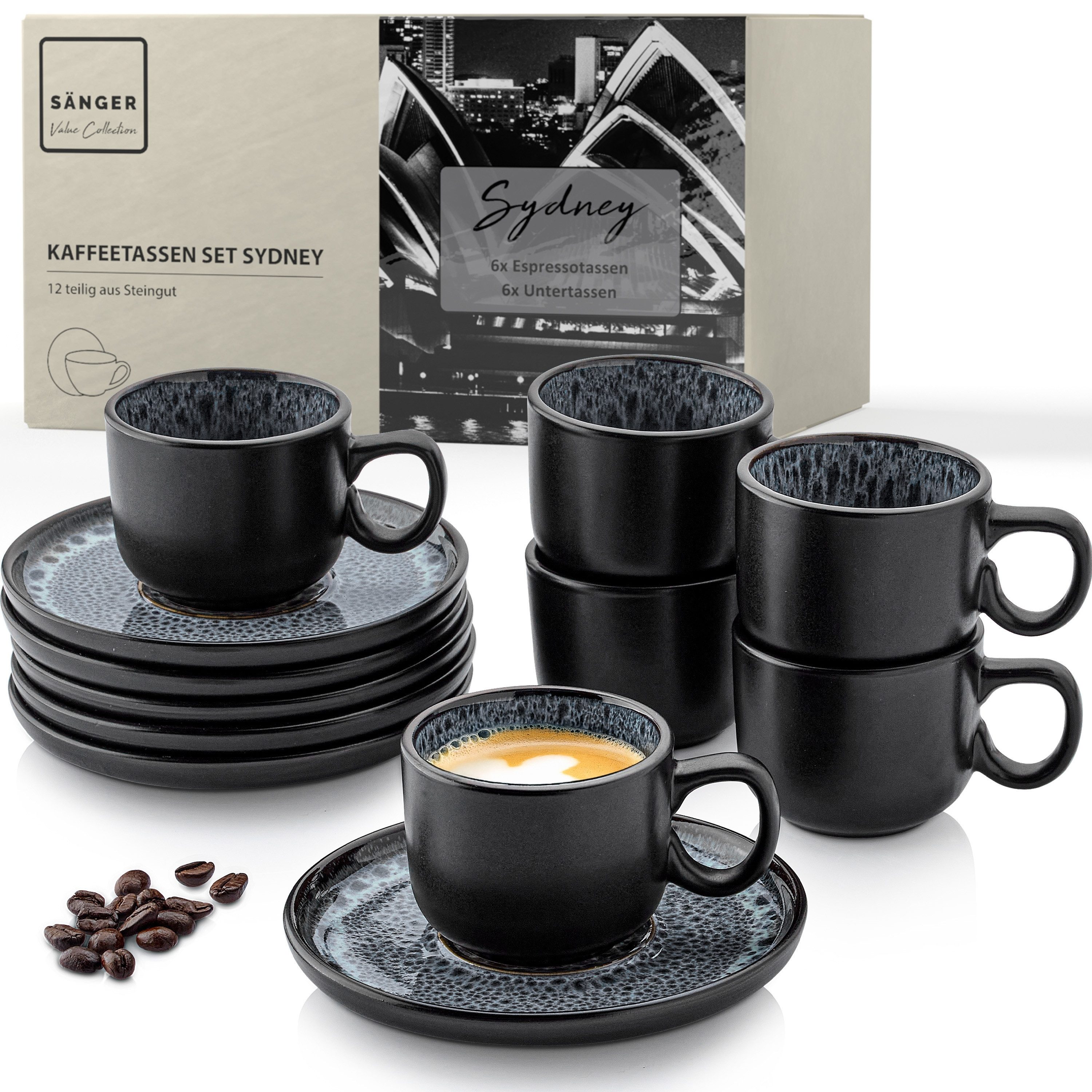 SÄNGER Espressotasse Set Sydney 12 tlg., Steingut, Grau-Schwarz, Handmade, Erweiterbar, VALUE COLLECTION