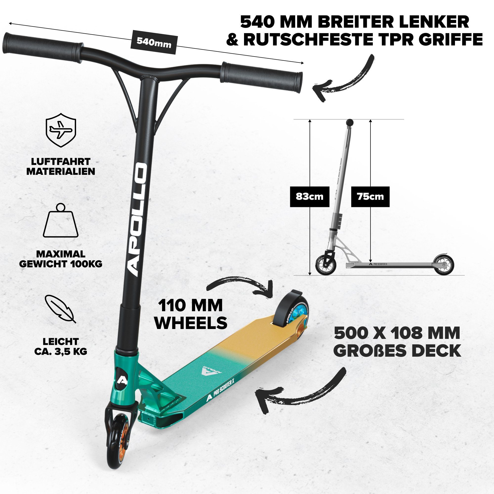 Apollo Stuntscooter Stunt Scooter Genesis X Pro - High End Stuntscooter, Profi Trick Roller mit 120mm Alu Core Wheels Kickscooter