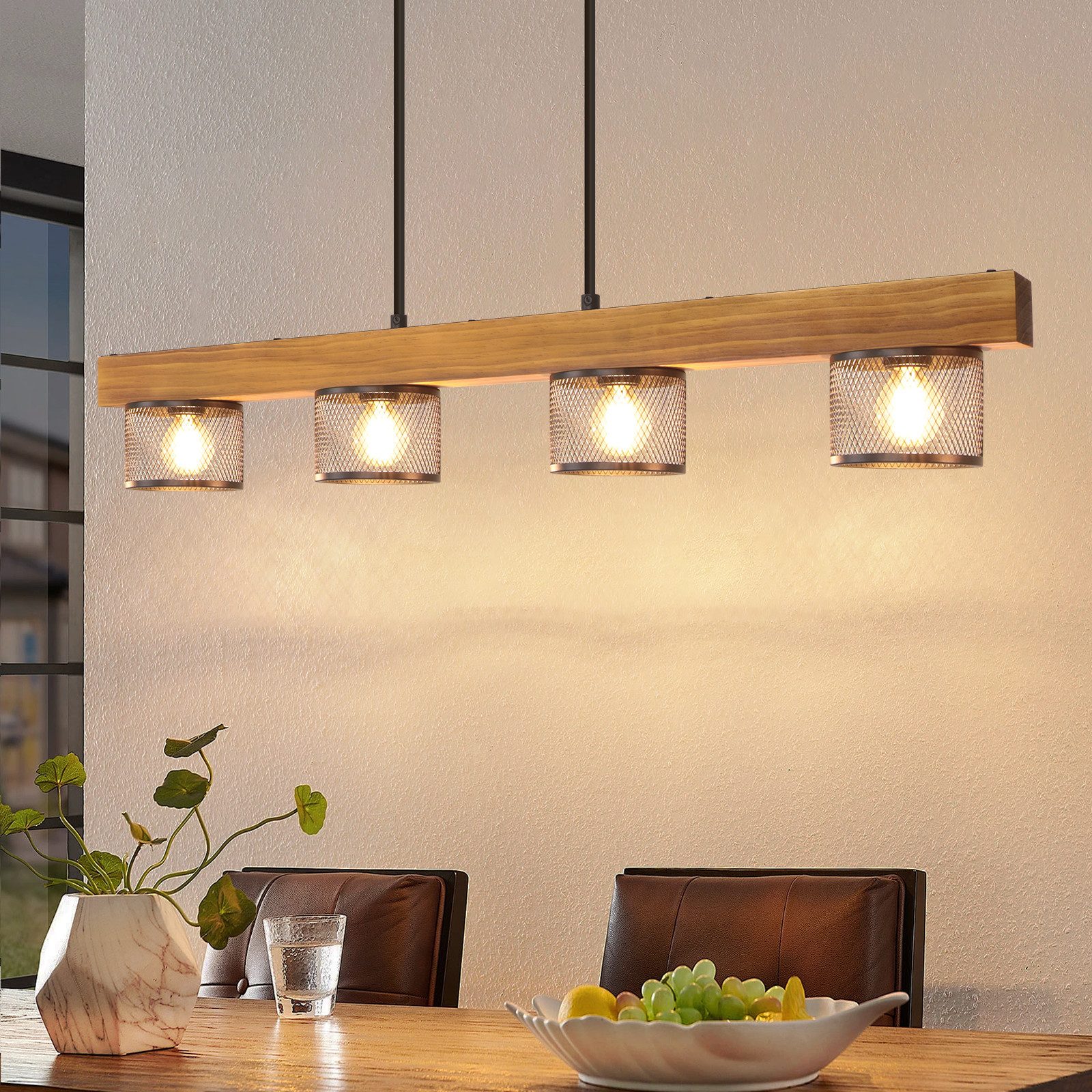 Nettlife Pendelleuchte Vintage Schwarz 1/3/4flammige E14 Industrial Holz Gitter Lampenschirm, ohne Leuchtmittel, Retro Küchenlampe hängend für Esszimmer Küche