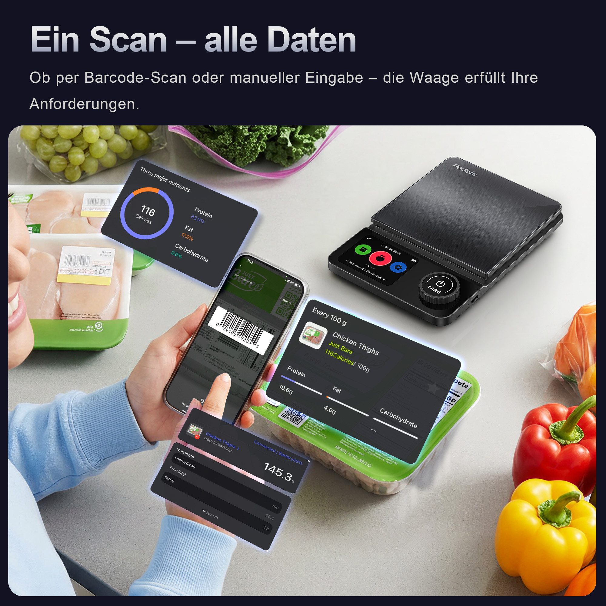 pedete Küchenwaage Digitale ProfiFein waage Kitchen Scale mit LCD Display, (Bluetooth-Verbindungs-App,Kaloriendatenanalyse, 5kg Digitale Kuchenwaage aus Edelsta – Bild 4 von 5