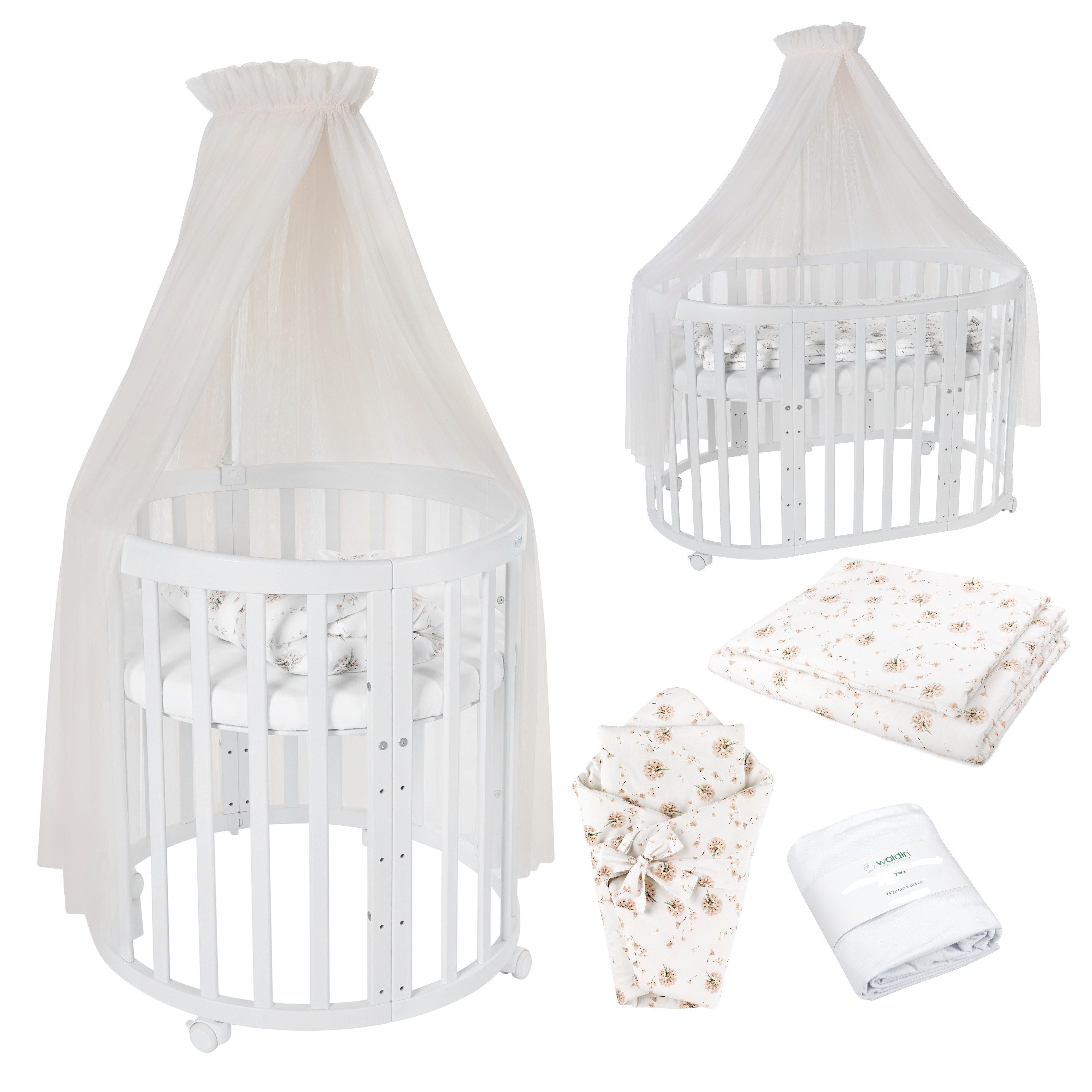 Waldin Babybett Mobiles Babybett OWAL aus Holz 7in1 mit Matratze, mitwachsend