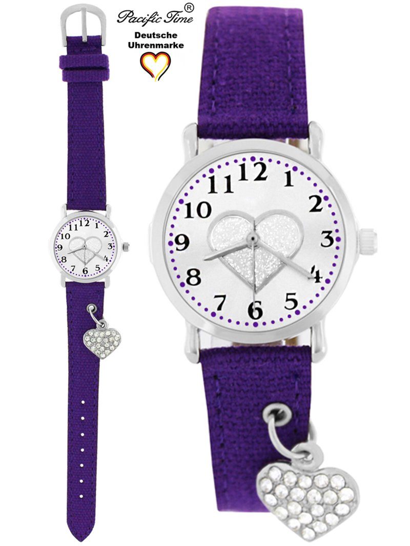 Pacific Time Quarzuhr Kinder Armbanduhr mit Herzanhänger Stoffarmband, funkelndes Herzchen am Armband - Gratis Versand violett weiss