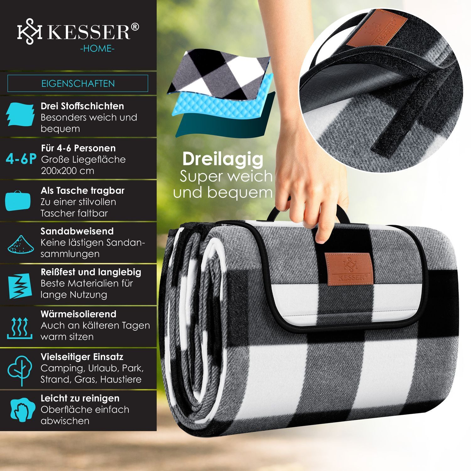 Picknickdecke, KESSER, Picknickdecke campingdecke XXL 200 cm wärmeisoliert