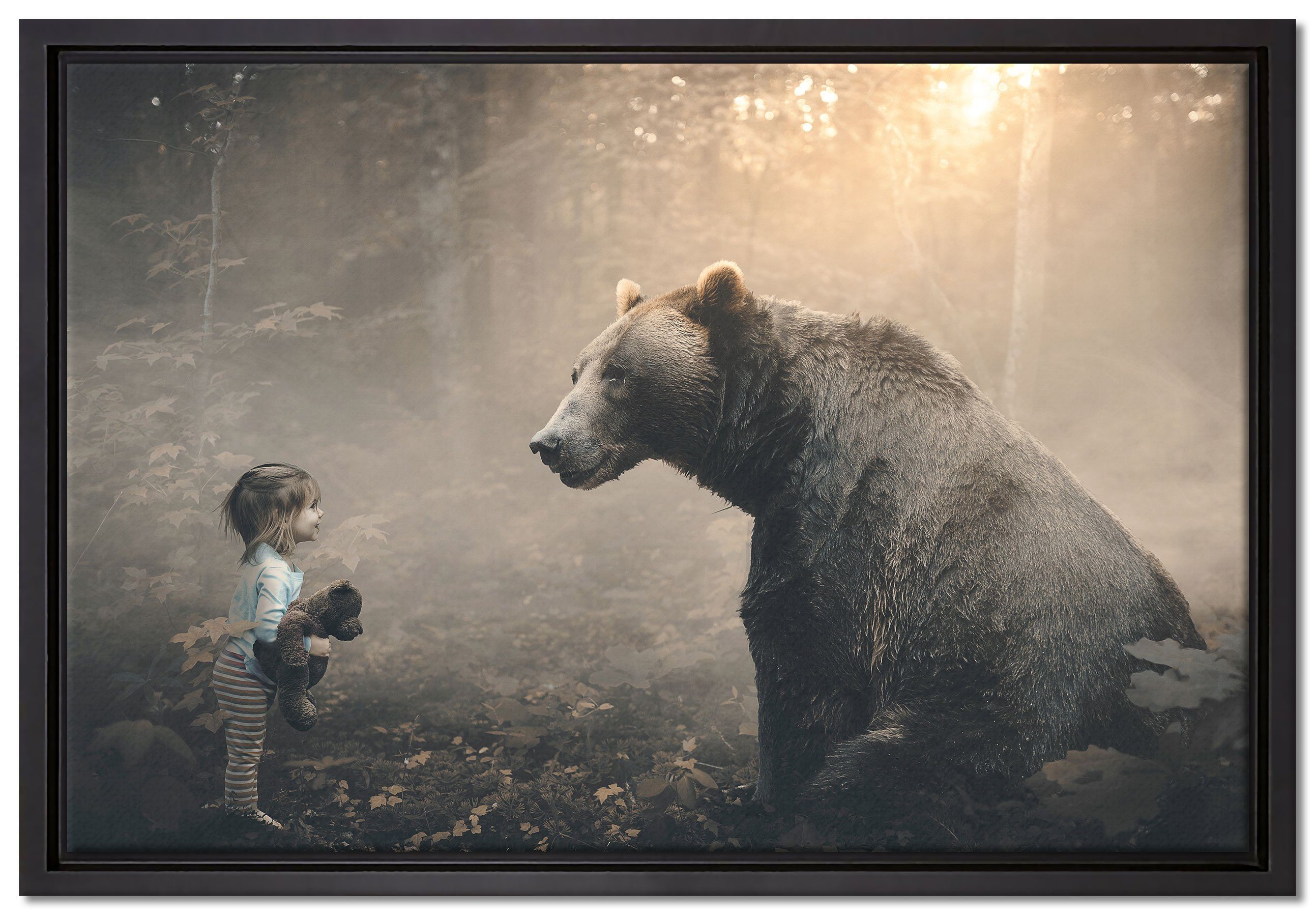 Pixxprint Leinwandbild Mädchen mit Teddy und Bär im Wald, Wanddekoration (1 St), Leinwandbild fertig bespannt, in einem Schattenfugen-Bilderrahmen gefasst, inkl. Zackenaufhänger