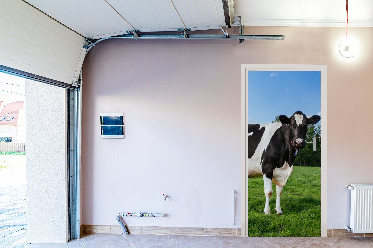 St), 75x205 - bedruckt, Kuh Schwarz MuchoWow Fototapete Weiß Türaufkleber, Tür, Türtapete Matt, Niederlande, - cm (1 - für