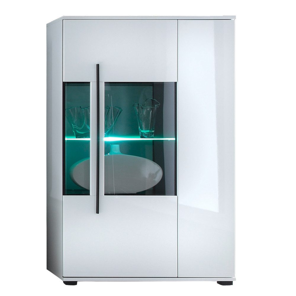 Lomadox Highboard COLORADO-61, in weiß Hochglanz inkl. LED mit Glaseinsatz Grauglas : 90x140x37cm