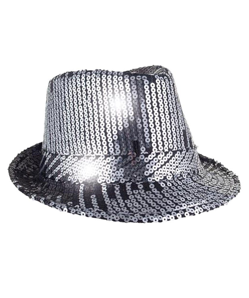 Karneval-Klamotten Kostüm Pailletten-Hut schwarz silber mit Fliege Herren, Pailletten Disco-Hut und Fliege ideal für Silvester Karneval Party's