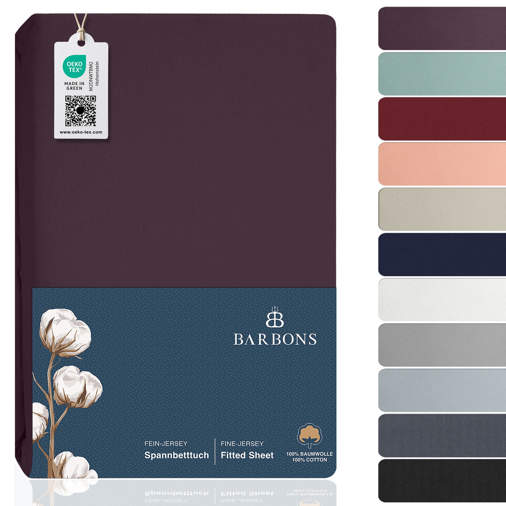 BARBONS Spannbettlaken Jersey Bettlaken, 145 g/m² Spannbetttuch, bis zu 25cm Höhe, Topper, Jersey aus 100% Baumwolle, Gummizug: rundum, (1 Stück), Rundumgummi, Atmungsaktiv