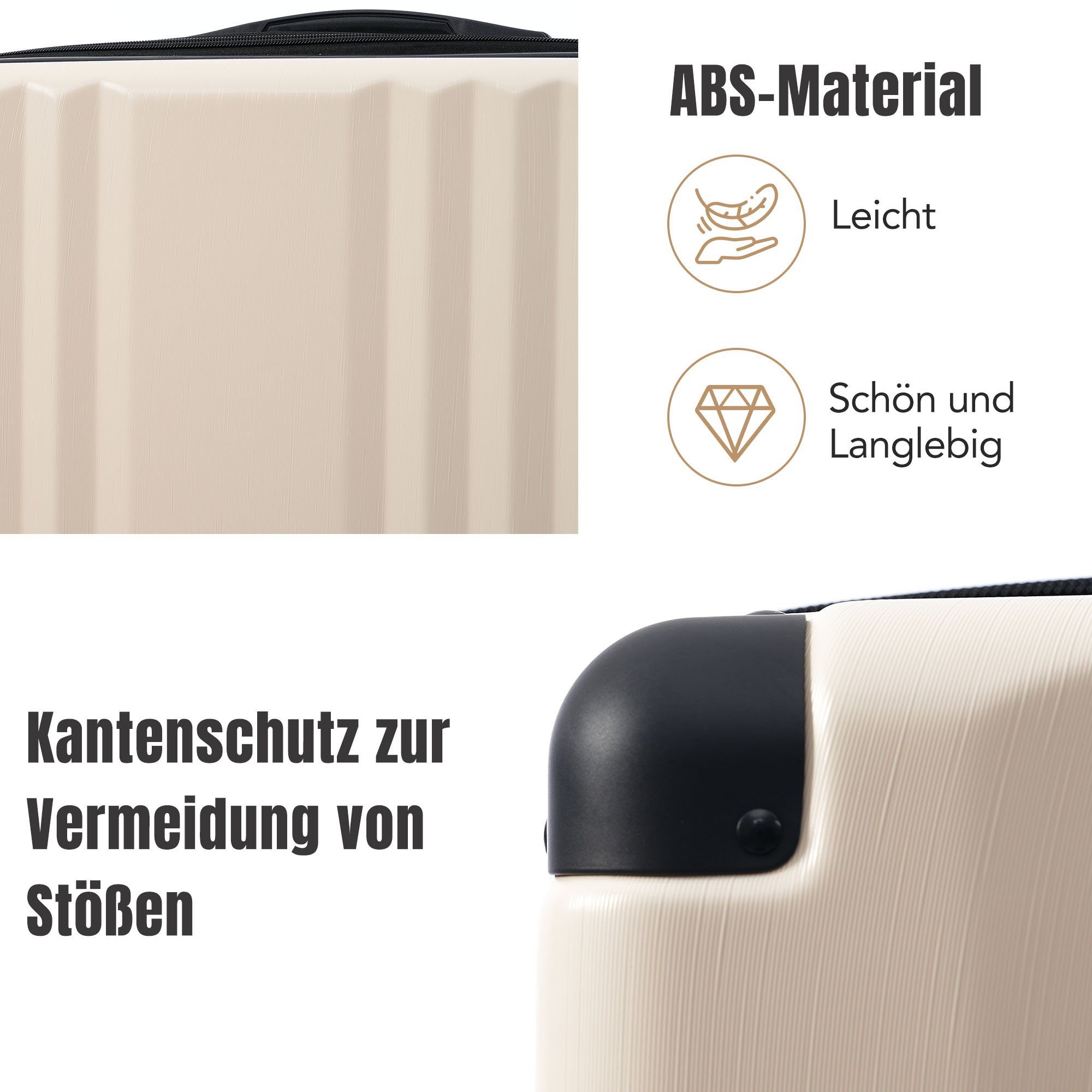 Ulife Trolleyset Zollschloss, Reisekoffer ABS TSA Rollen, 4 (3 tlg) Hartschalen-Koffer Cream