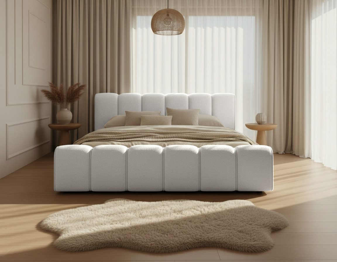 thematys Polsterbett mit Bettkasten 140x200 160x200 180x200 200x200cm (Kopfteil im Oversize-Look und Stauraum – weich, modern und pflegeleicht), Inklusive Lattenrost), hochwertiger Davis-Stoff in Grafit, Grau, Weiß, Beige und Kreme