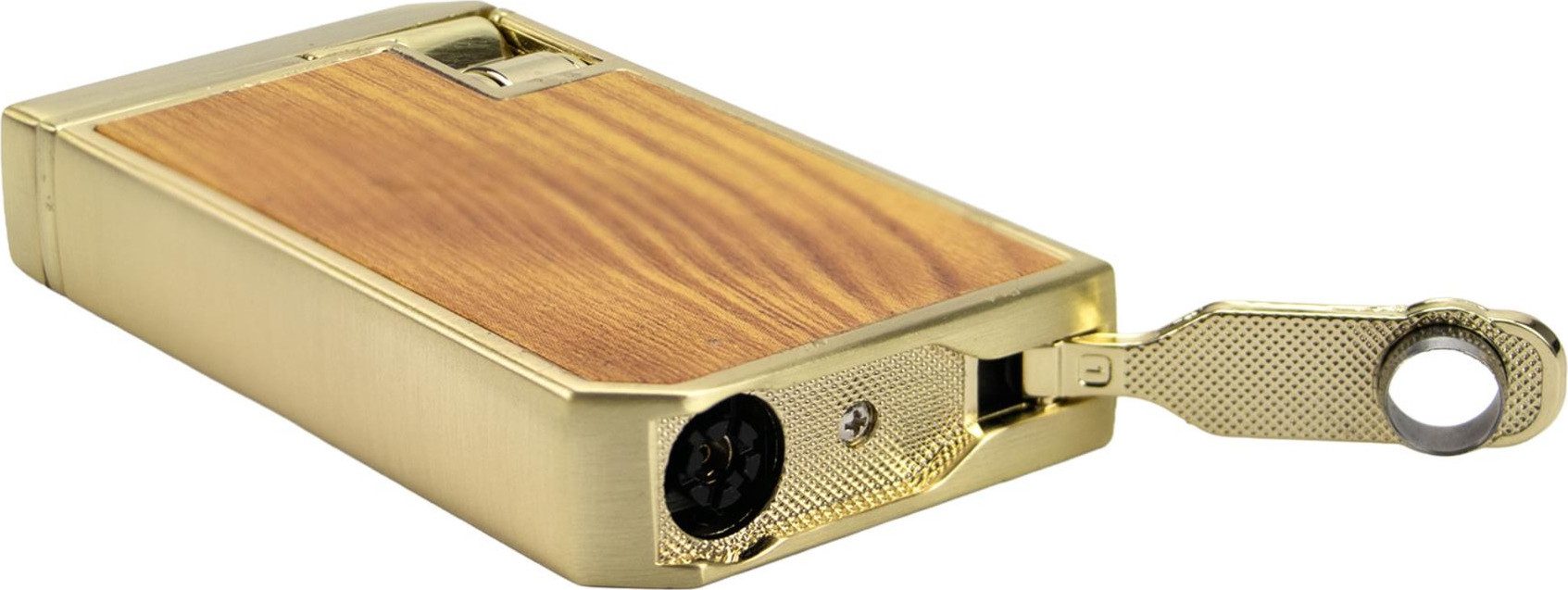 Passatore Feuerzeug Zigarrenfeuerzeug mit Rundcutter 8mm gold/Holzdesign in Geschenkbox (Zigarrenfeuerzeug inkl. Rundcutter), in einer Geschenkbox verpackt
