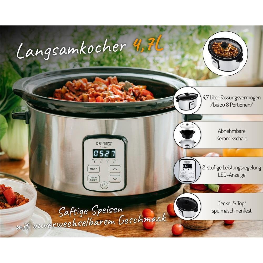 Camry Schongarer CR 6414 Langsamkocher, 270,00 W, 4,7 Liter, mit LED-Display, Timer und Warmhaltefunktion