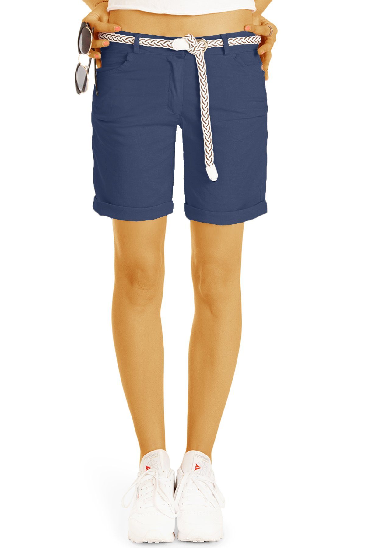 be styled Shorts Chino Stoff Shorts - Kurze lockere Hosen mit Gürtel - Damen - h23a in Unifarben, mit Gürtel dunkelblau