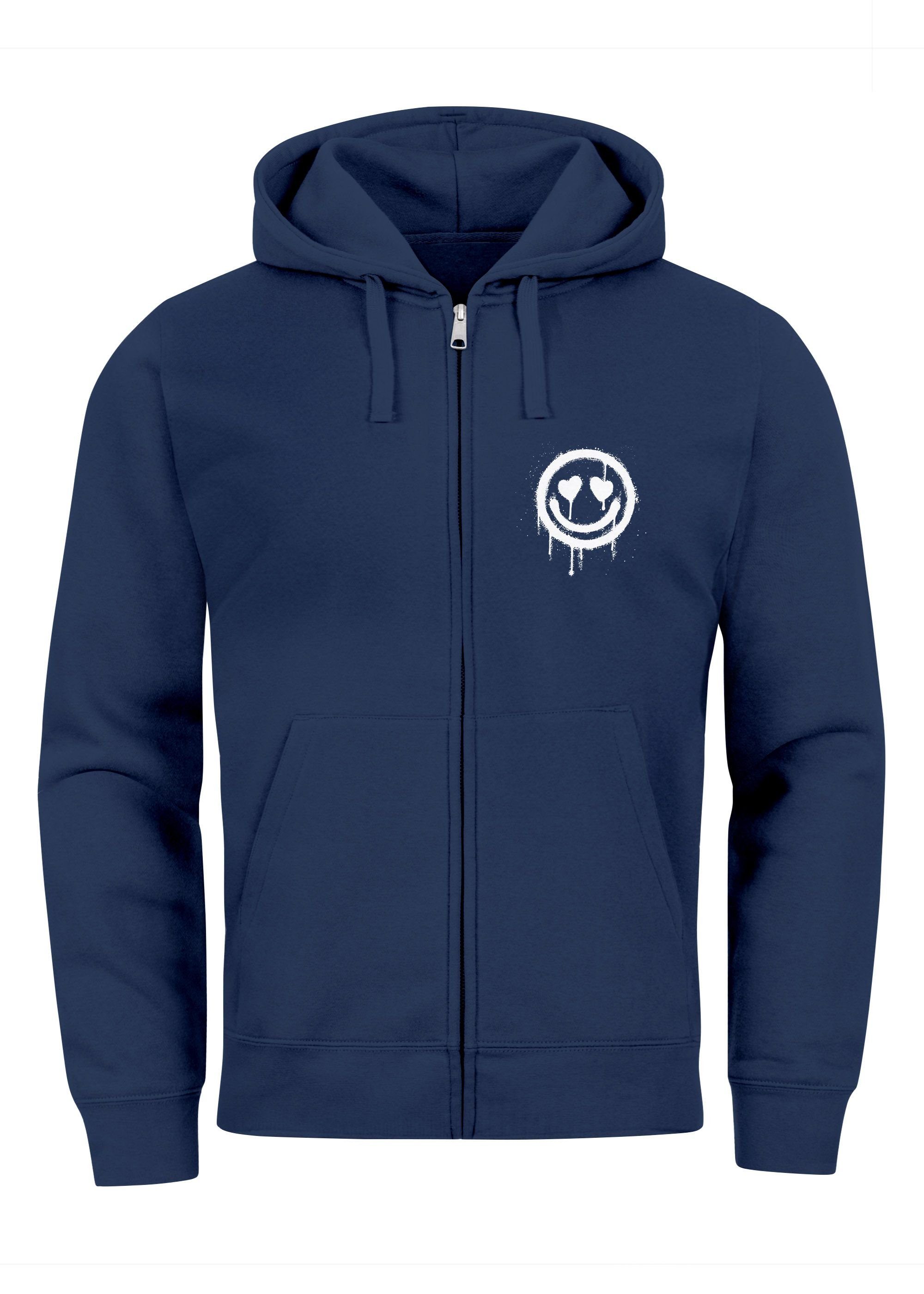 Zip-Hoodie navy Sweatjacke Neverless Herren Smile Aufdruck mit Sweatjacke Drip Face Kapuze Print