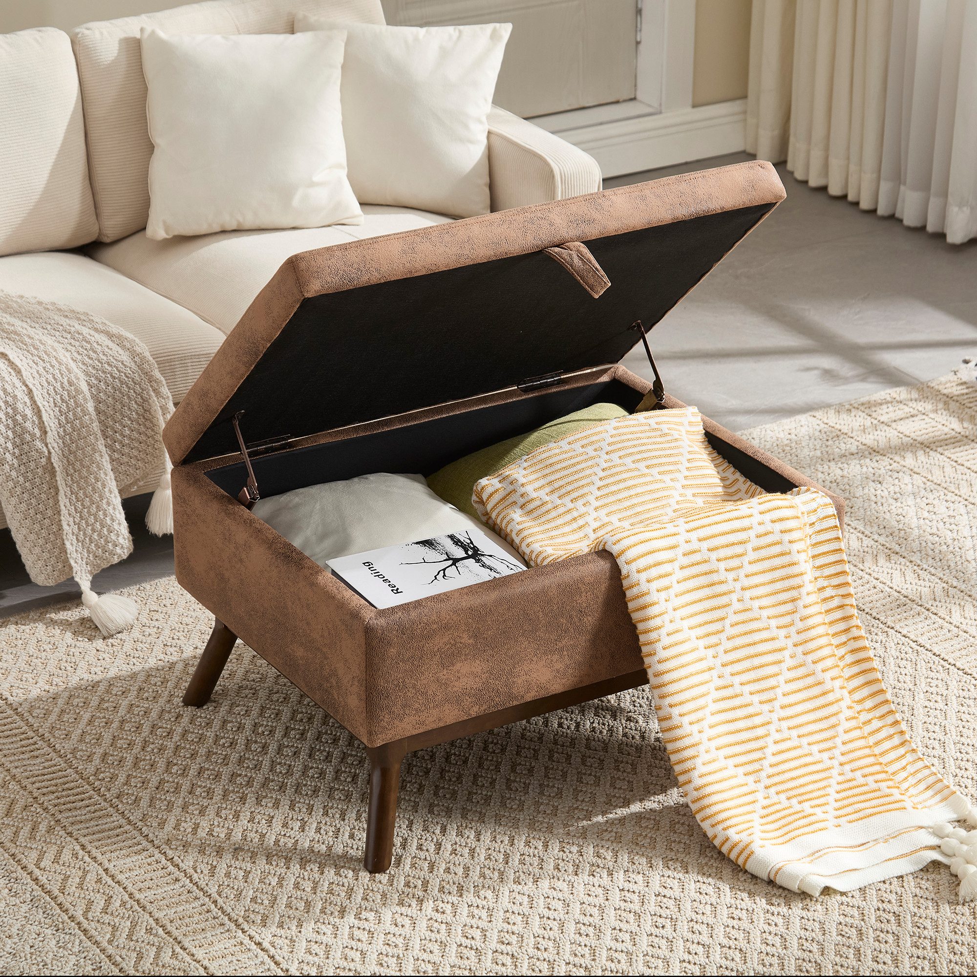 Yorbay Schuhbank Mid-Century moderne quadratische Couchtisch Ablagebank, 80x59x45cm, Couchtisch, Steigbügel, Schuhbank, Beige