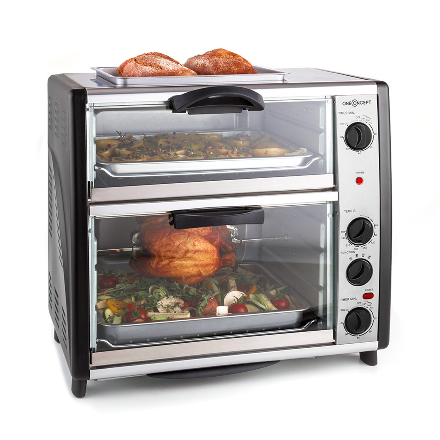 ONECONCEPT Minibackofen All-You-Can-Eat Doppel-Backofen 42L 2350W Grillplatte Drehspieß, Minibackofen Doppel-Ofen 28+14L mit Roste & Touchsteuerung