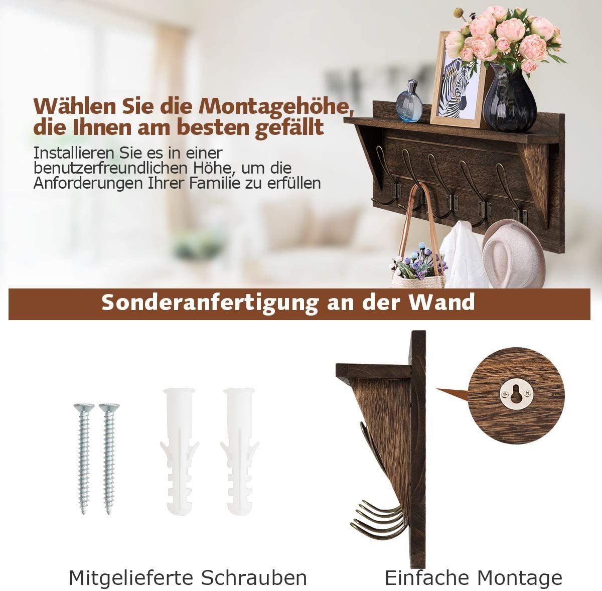 COSTWAY Wandgarderobe Garderobenhaken, mit 5 Ablage Braun und Haken