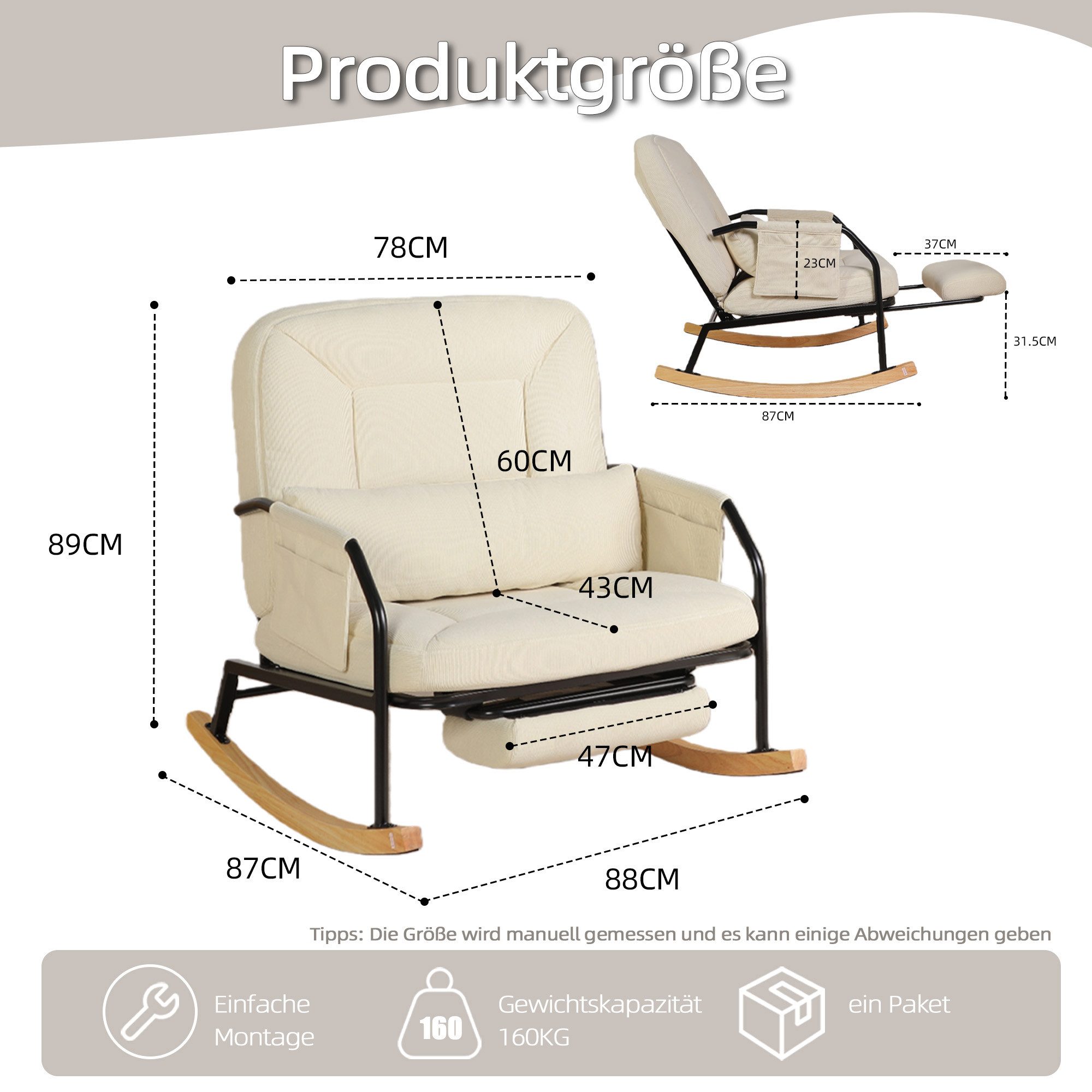 CANMOV Relaxsessel Schaukelstuhl mit ausziehbarer Fußstütze, Ergonomischer Schaukelsitz, mit Kissen und Fußstützung, verstellbare Rückenlehne 100°–160°