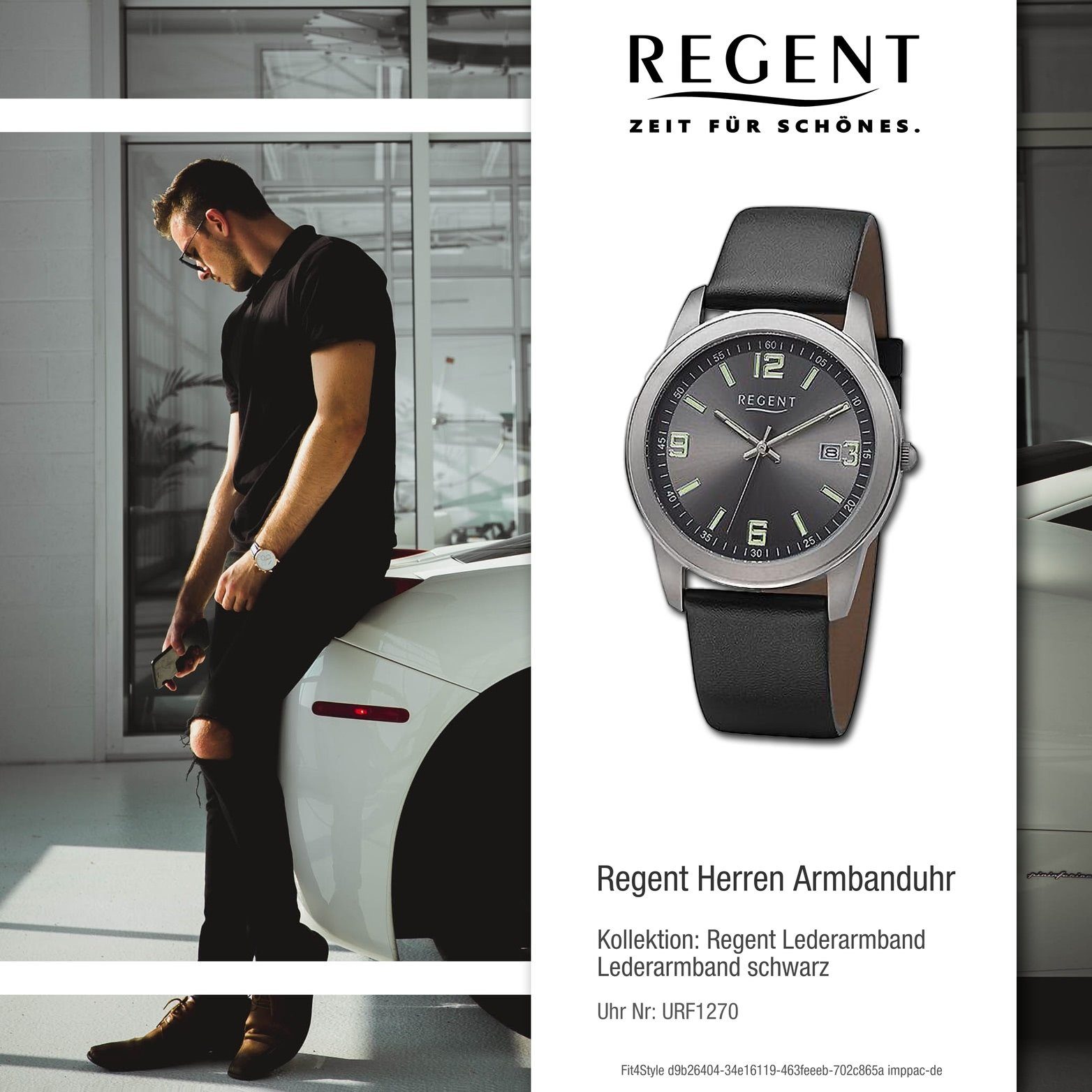 Regent Quarzuhr Regent Armbanduhr Herrenuhr rundes Herren Lederarmband groß Gehäuse, 38mm) extra Analog, (ca. schwarz