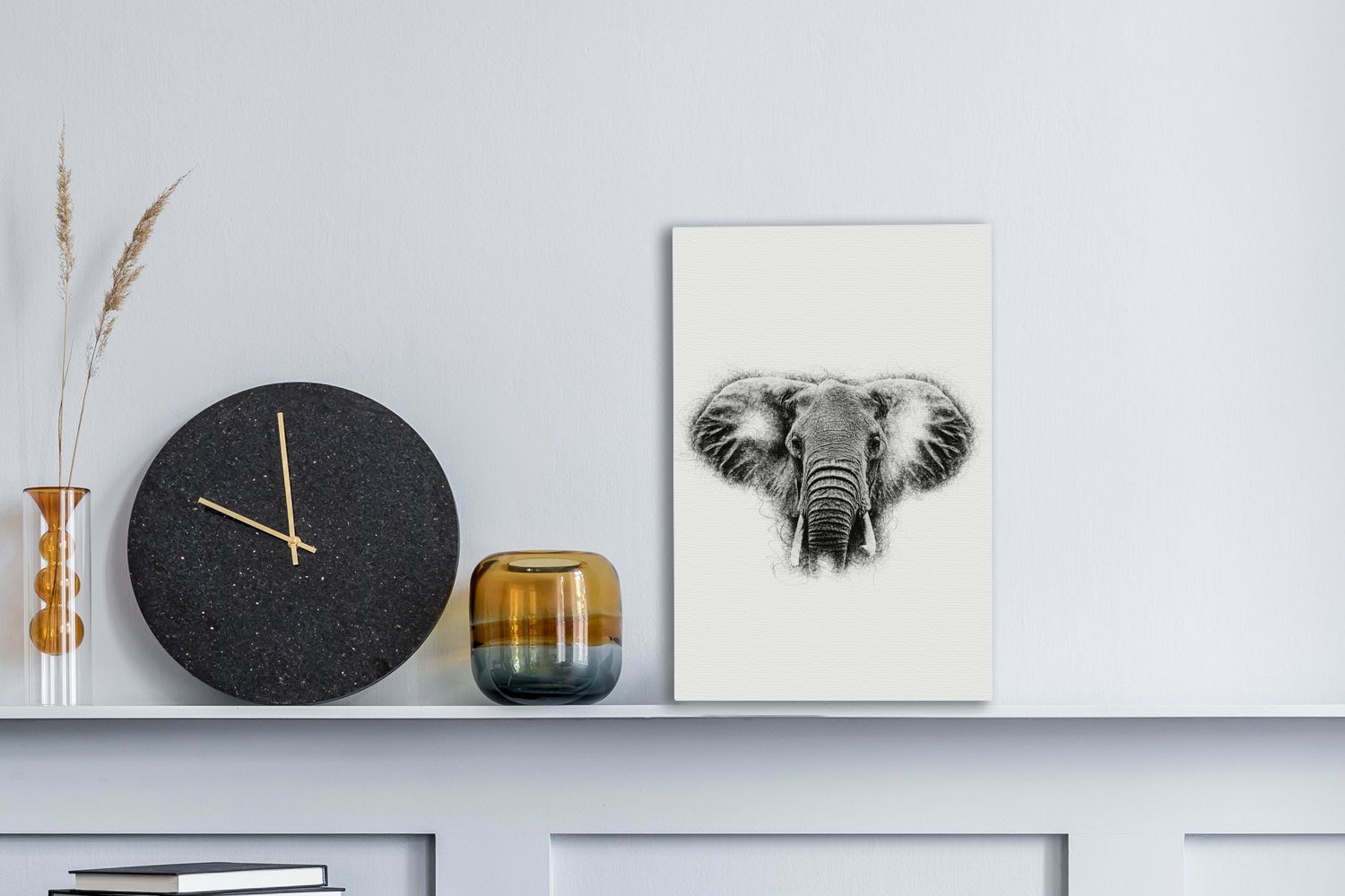 bespannt Schwarz Leinwandbild Elefant St), Weiß fertig - - Leinwandbild inkl. 20x30 Tasse, cm OneMillionCanvasses® - Zackenaufhänger, Gemälde, (1